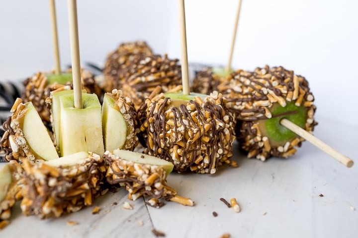 caramel apple with pretzels and chocolate