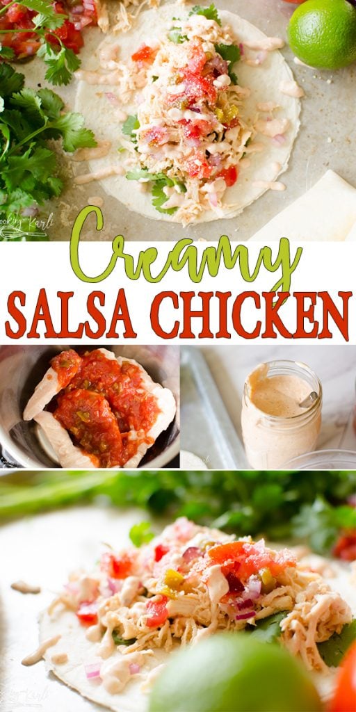 Creamy Salsa Chicken is a flavorful, quick dinner using only 3 ingredients! Creamy Salsa Chicken can be made in either a crockpot or an Instant Pot! Salsa, chicken and cream cheese is all it takes to make this easy meal! |Cooking with Karli| #instantpot #crockpot #salsa #salsachicken #easy #fast #fewingredients #creamy #creamcheese #tacos #nachos