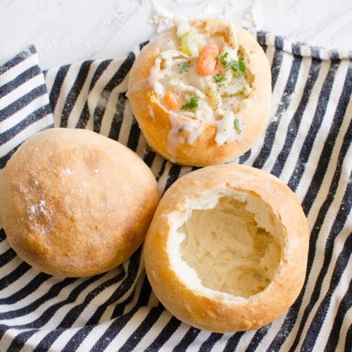 bread bowl with soup inside