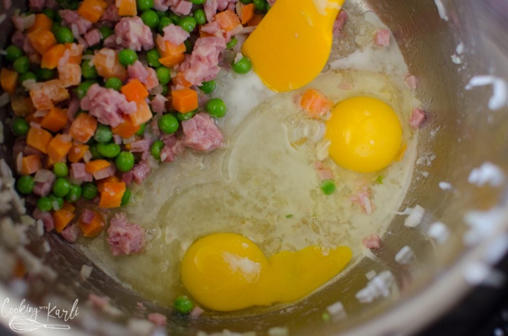Eggs added to the pan for the ham fried rice