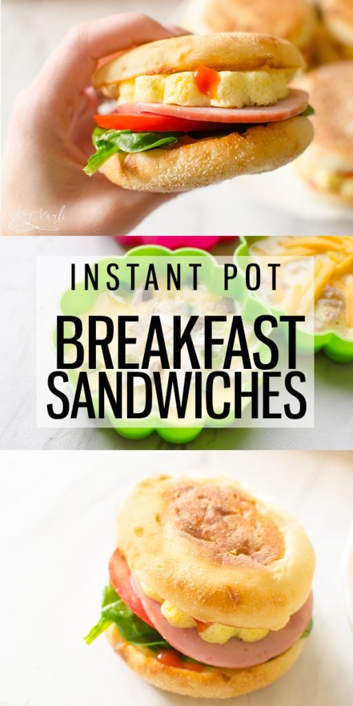 Instant Pot Breakfast Sandwiches are a customizable scrambled egg made in the Instant Pot nestled in between two toasted English Muffins. Make breakfast for the entire family all at the same time! These freezer friendly breakfast sandwiches will make hectic mornings a BREEZE! |Cooking with Karli| #breakfast #instantpot #pressurecooker #recipe #freezer #englishmuffin #breakfastsandwich