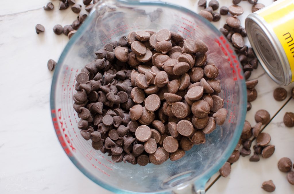 milk chocolate and semi sweet chocolate chips in a bowl