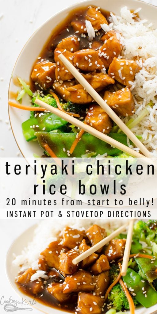 Teriyaki Chicken Bowl is a quick and easy meal full of tender chicken, crunchy veggies, rice and the classic sweet & savory homemade Teriyaki Sauce. This healthy dinner will be a new family favorite! Made in either the Instant Pot or crockpot, this is definitely a keeper! |Cooking with Karli| #teriyaki #teriyakichicken #chicken #chickentenders #chickenbreasts #healthy #ricebowl #teriyakichickenbowl #recipe #instantpot