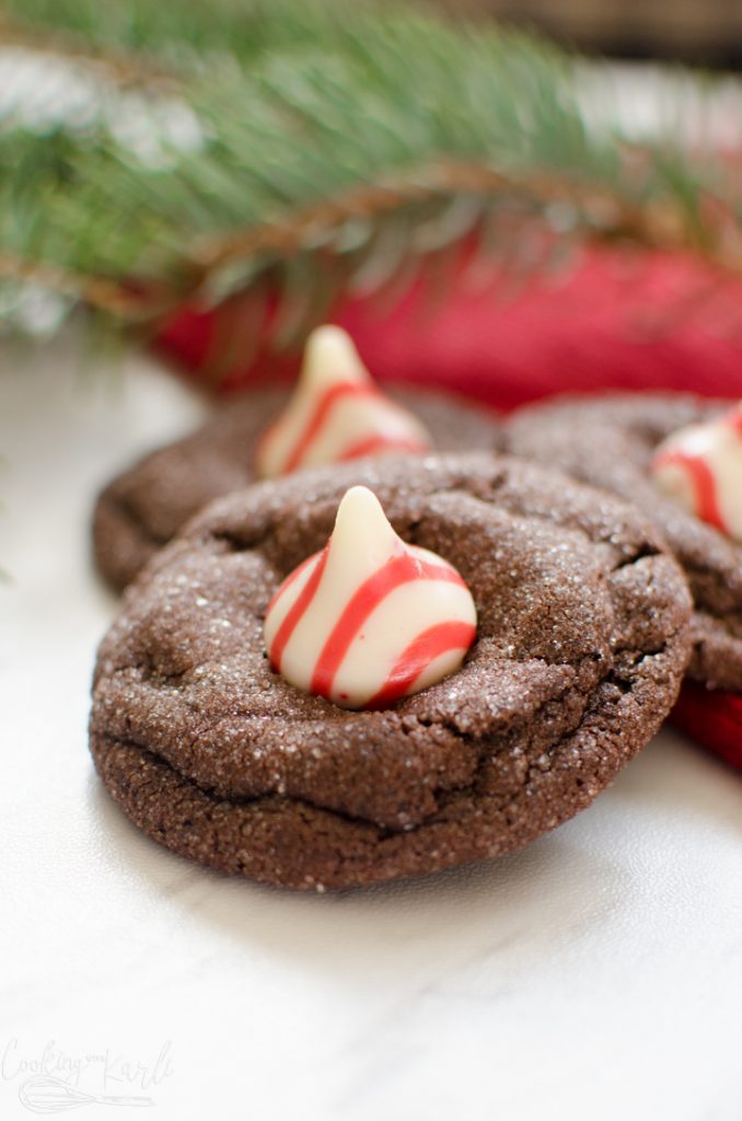 chocolate peppermint cookies with peppermint kisses