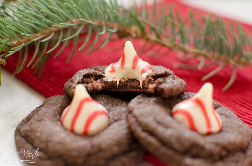 chocolate peppermint blossom cookies with Hershey's peppermint kisses