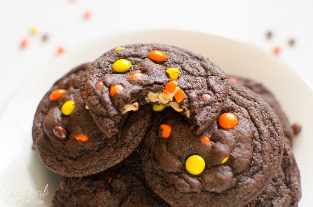 Chocolate peanut butter cookies with mini Reese's pieces