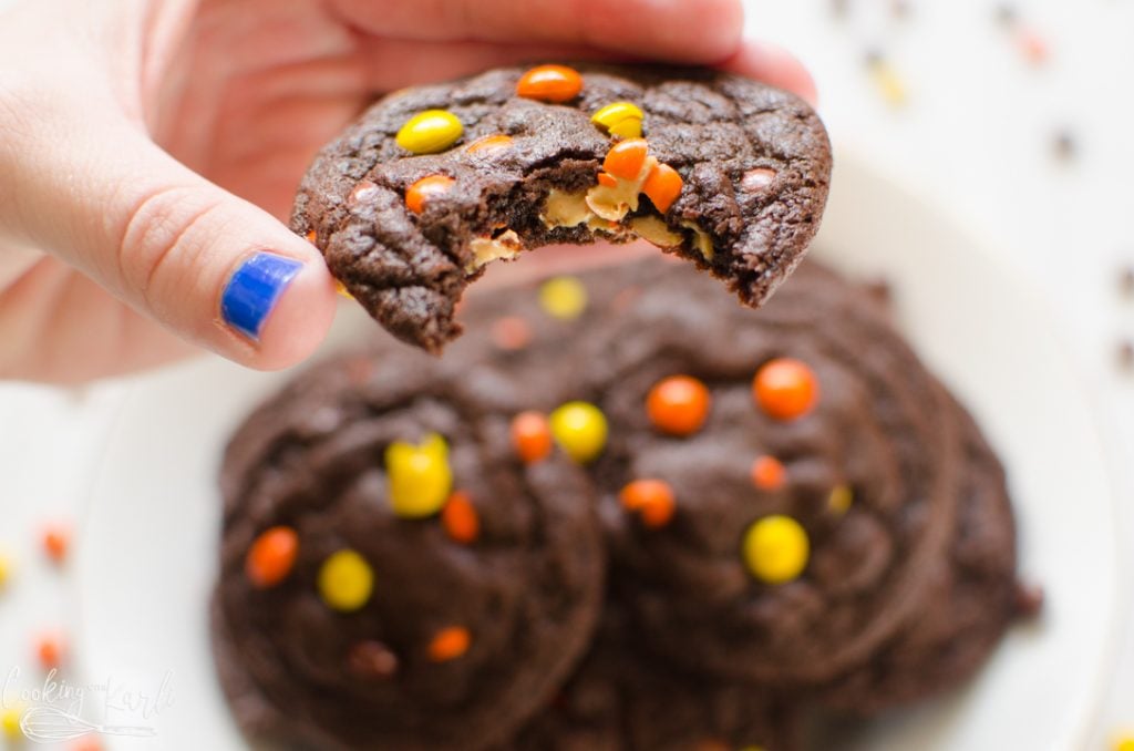chocolate peanut butter cookies with Reese's pieces