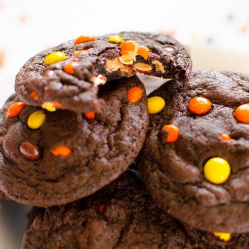 chocolate peanut butter cookies with Reese's pieces