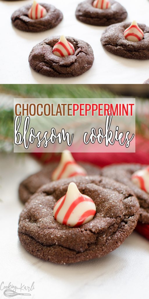 Chocolate Peppermint Blossom Cookies are a soft, chewy chocolate cookie topped with a Peppermint Hershey's Kiss. This holiday spin on the classic Peanut Butter Blossom cookie will be on your Holiday Cookie list year after year! |Cooking with Karli| #christmascookie #dessert #cookies #chocolate #peppermint #kisses #blossomcookies #holiday