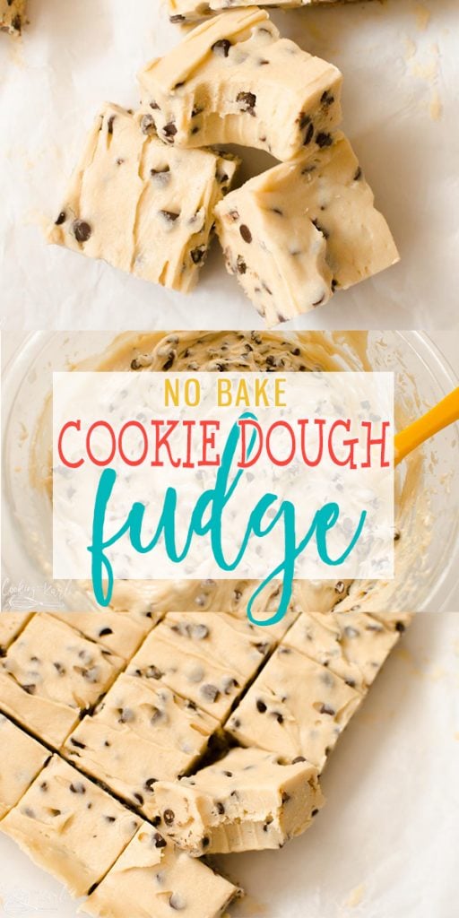 Cookie Dough Fudge is a cross between chocolate chip cookie dough and delicious, creamy fudge! This no bake treat comes together quickly and will satisfy everyone's sweet tooth! |Cooking with Karli| #cookiedough #fudge #christmastreat #dessert #nobake #easy
