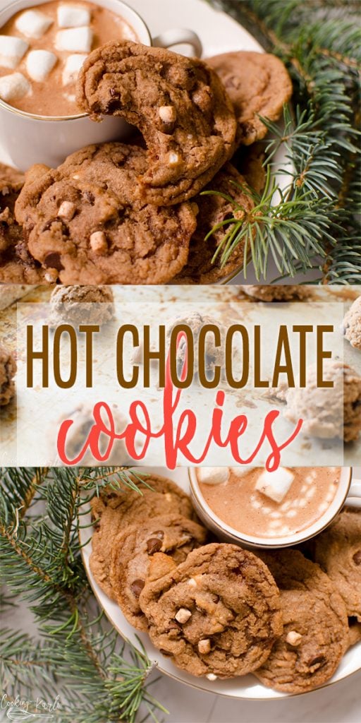 Hot Chocolate Cookies are a chewy, chocolate cookie that is flavored with Hot Chocolate powder! The extra semi sweet chocolate chips and mini marshmallows create the whole hot cocoa experience right in the palm of your hand! These cookies are the perfect addition to your Christmas Cookie list! |Cooking with Karli| #cookies #christmas #christmascookies #hotchocolate #hotcocoa #marshmallows #recipe