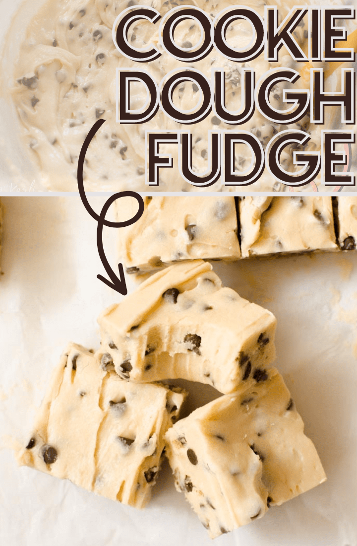 pin image for cookie dough fudge with text overlay.