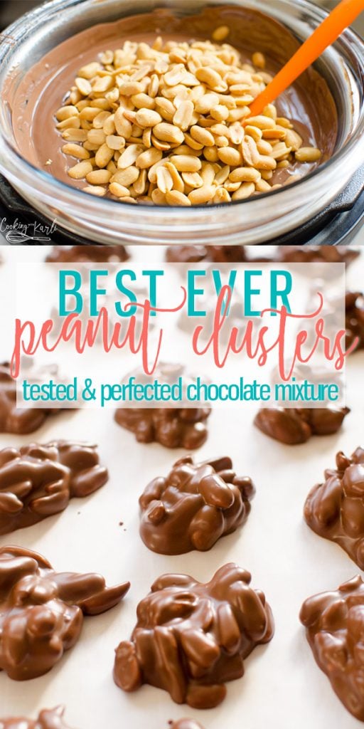 The Best Peanut Clusters are a fast, easy classic Holiday Treat! The combination of semi-sweet chocolate, white chocolate and peanut butter makes these Peanut Clusters the Best Ever!  |Cooking with Karli| #nutcluster #peanutcluster #chocolate #microwave #instantpot #holidaytreat #neighbortreat #neighborgift #christmastreat #classic #recipe #easy