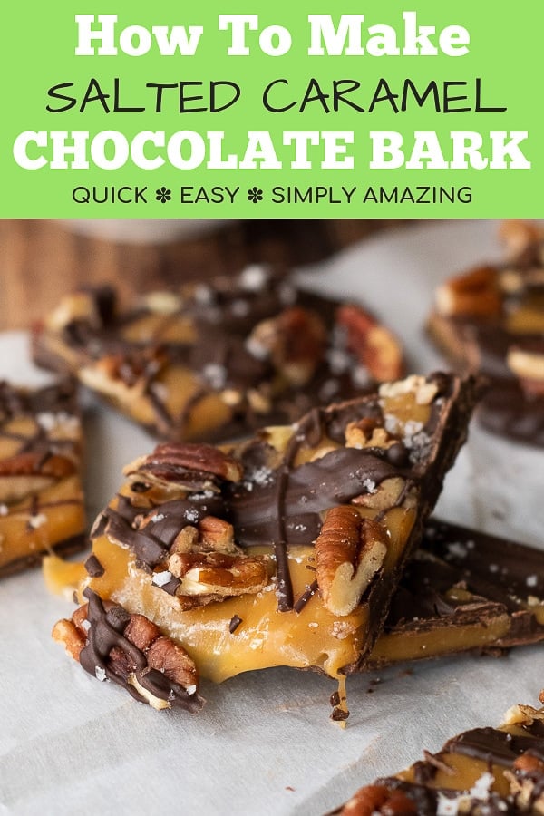  Salted Caramel Chocolate Bark recipe tastes like homemade turtles, but without all the work! This quick, easy dessert is a hit every Christmas holiday. #easy #recipes #dark #christmas #holiday #bark #chocolate #caramel