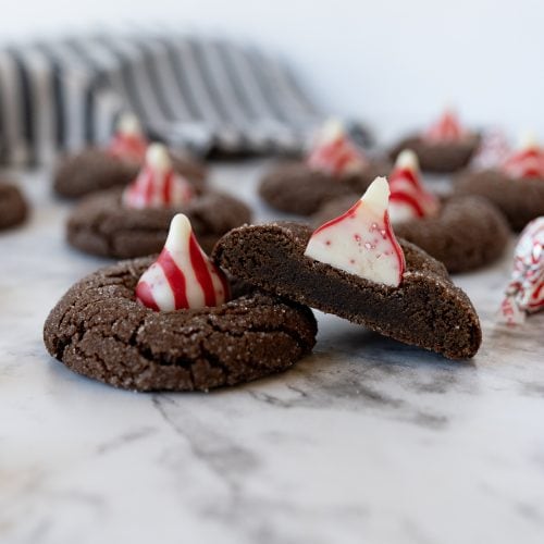 chocolate peppermint blossom cookies on the counter.