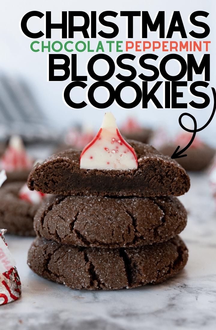 pin image with text overlay for chocolate peppermint blossom cookies. 
