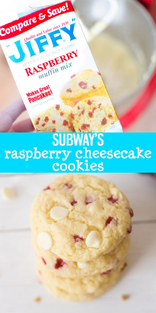 Raspberry Cheesecake Cookies are an easy, fruity cookie that uses Jiffy Muffin Mix. This Subway Copy-Cat cookie will quickly become a family favorite! |Cooking with Karli| #subway #copycat #cookies #raspberrycheesecake #recipe