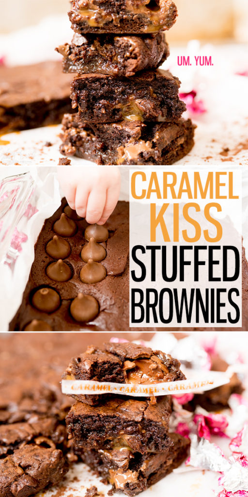 Caramel Brownies are a rich, fudgey brownie stuffed with Caramel Kisses! The milk chocolate and caramel pair wonderfully with the rich chocolate of the brownie creating a party in your mouth! This is an easy dessert that will impress everyone! Perfect quick and easy treat for holidays, like Valentine's Day! |Cooking with Karli| #brownies #caramel #kisses #chocolate #easy #valentinesday #valentines #dessert #recipe #cocoapowder