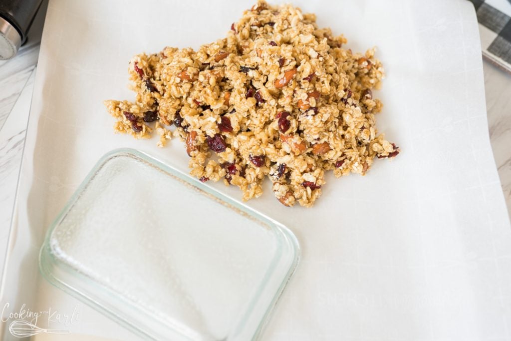 cranberry almond granola bars before being pushed into the pan
