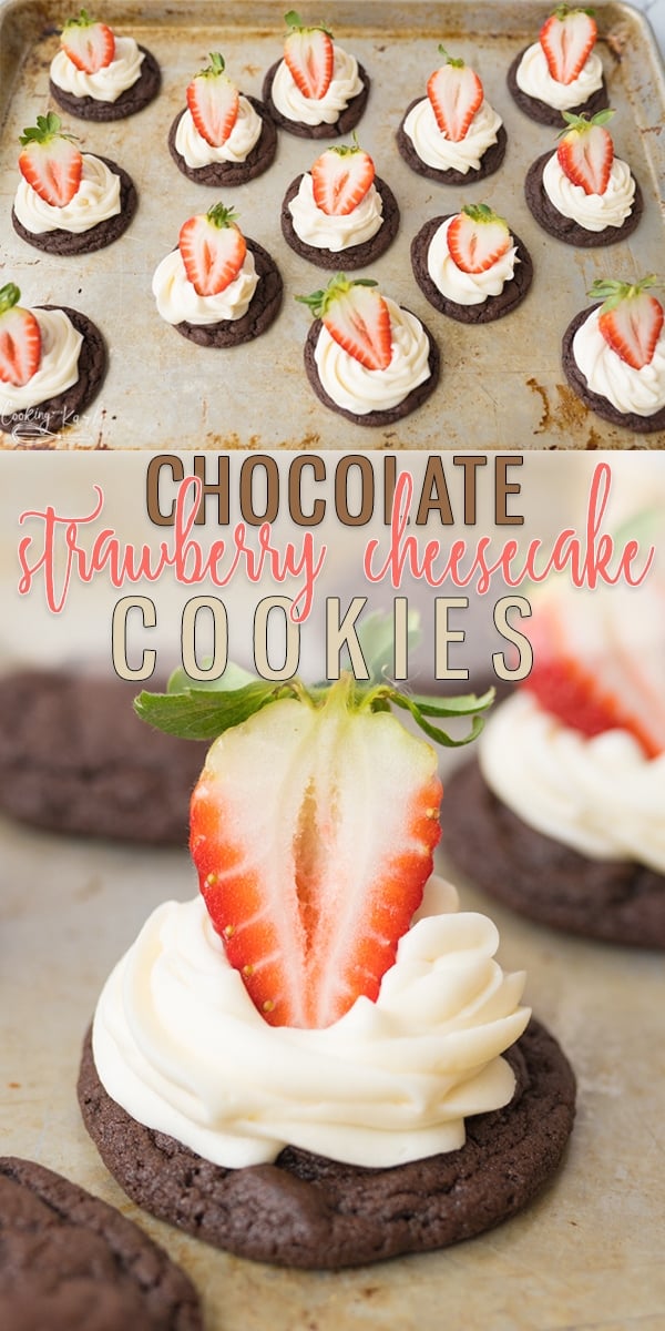 Chocolate Strawberry Cheesecake Cookies are a rich, fudge chocolate cookie with a cream cheese frosting topped with a fresh strawberry. These cookies are rich, fresh and heavenly. They are super easy to make (absolutely beginner friendly!) plus they look and taste like you spent hours on them! Perfect for Valentines Day or a birthday! |Cooking with Karli| #valentines #dessert #chocolate #chocolatecookie #cookie #cheesecake #strawbery
