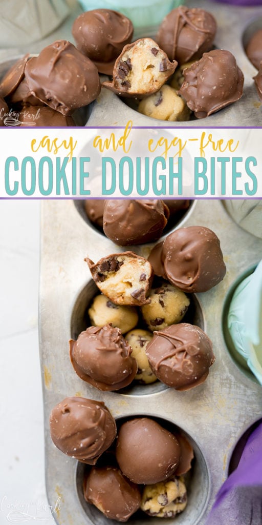 Cookie Dough Bites are small bite-sized balls of edible, eggless cookie dough covered in chocolate. These little Cookie Dough Bites are fast, easy and totally safe to eat! Perfect for kids, pregnant women and everyone in between!  |Cooking with Karli| #cookiedough #cookiedoughbites #eggfree #noegg #safe #dessert #dessertidea #homemadecandy
