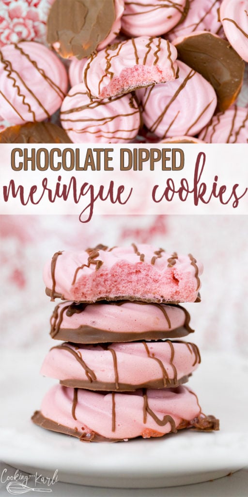 Meringue Cookies are bite-sized, sweet, light and airy! Meringue cookies are made with just 3 ingredients! Egg whites, sugar and flavoring is all it takes!  |Cooking with Karli| #valentinesday #dessert #meringue #meringuecookie #raspberry #chocolatedipped #cookie #recipe