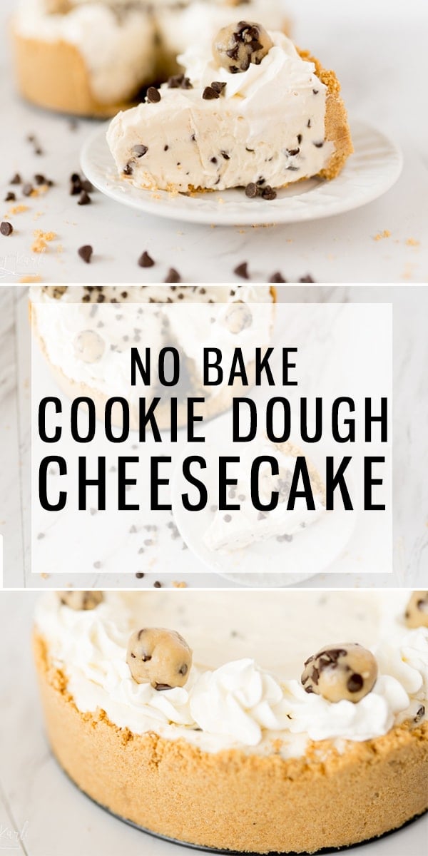 Cookie Dough Cheesecake is an easy no bake cheesecake that is made with egg-free cookie dough. The smooth, rich and creamy texture is everything you'd ever dream of! With this Cookie Dough Cheesecake, you have the classic cheesecake flavor with the perfect hint of cookie dough. |Cooking with Karli| #cheesecake #nobake #cookiedough #recipe 