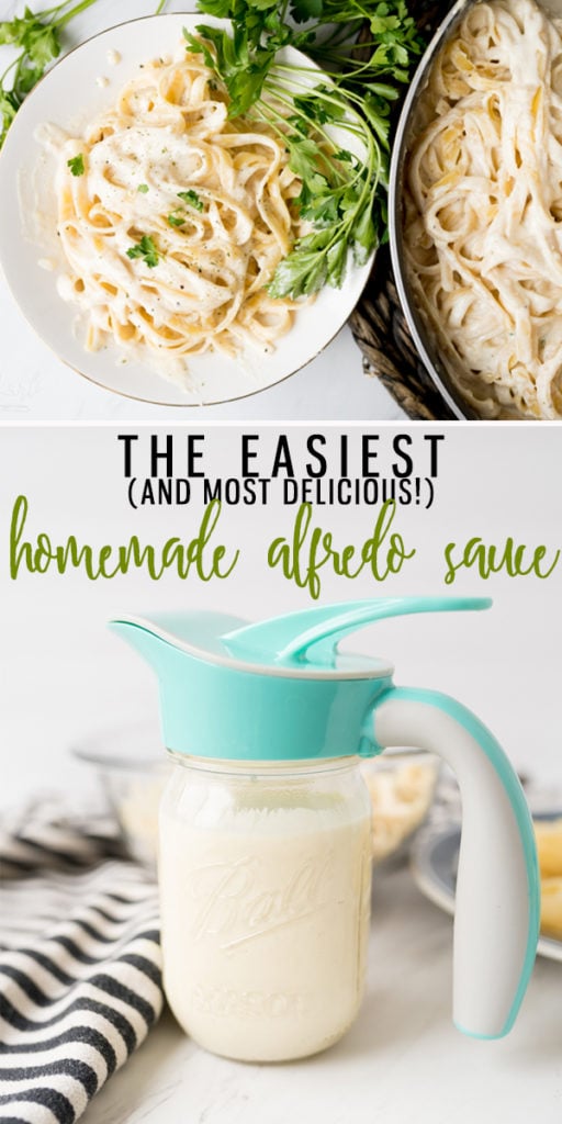 This Alfredo Sauce Recipe is so fast and easy! Made from a little bit of butter, minced garlic, cream, parmesan cheese and seasonings, it couldn't be more simple! Don't love the heavy cream? I have a slimmed down version for you down below! |Cooking with Karli| #alfredo #homemade #cream #parmesancheese #easy #recipe #fast