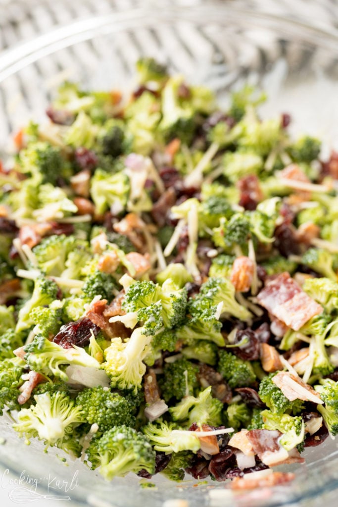 Broccoli Salad recipe with bacon and homemade Greek yogurt dressing, finished shot.