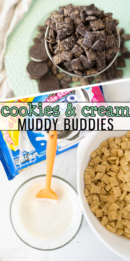 Cookies and Cream Muddy Buddies are a quick and easy dessert for all of the Oreo Lovers out there! This fun twist on the classic chocolate Muddy Buddies will become a new favorite! |Cooking with Karli| #cookiesandcream #muddybuddies #puppychow #nobake #dessert #dessertideas #easydessert #chex 