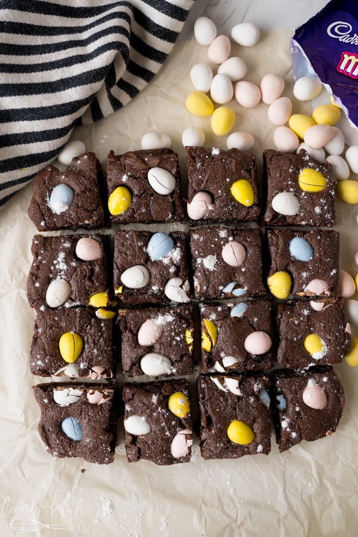 easter brownies with Cadbury mini eggs, baked, sliced and served
