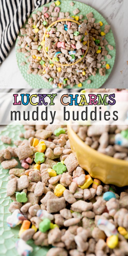Muddy Buddies with Lucky Charms Dessert is an easy, no bake dessert perfect for celebrating St. Patrick's Day! The classic Muddy Buddies recipe (chocolate and peanut butter covered cereal) gets a fun twist with Lucky Charms! |Cooking with Karli| #muddybuddies #luckycharms #stpatricksday #nobake #dessert