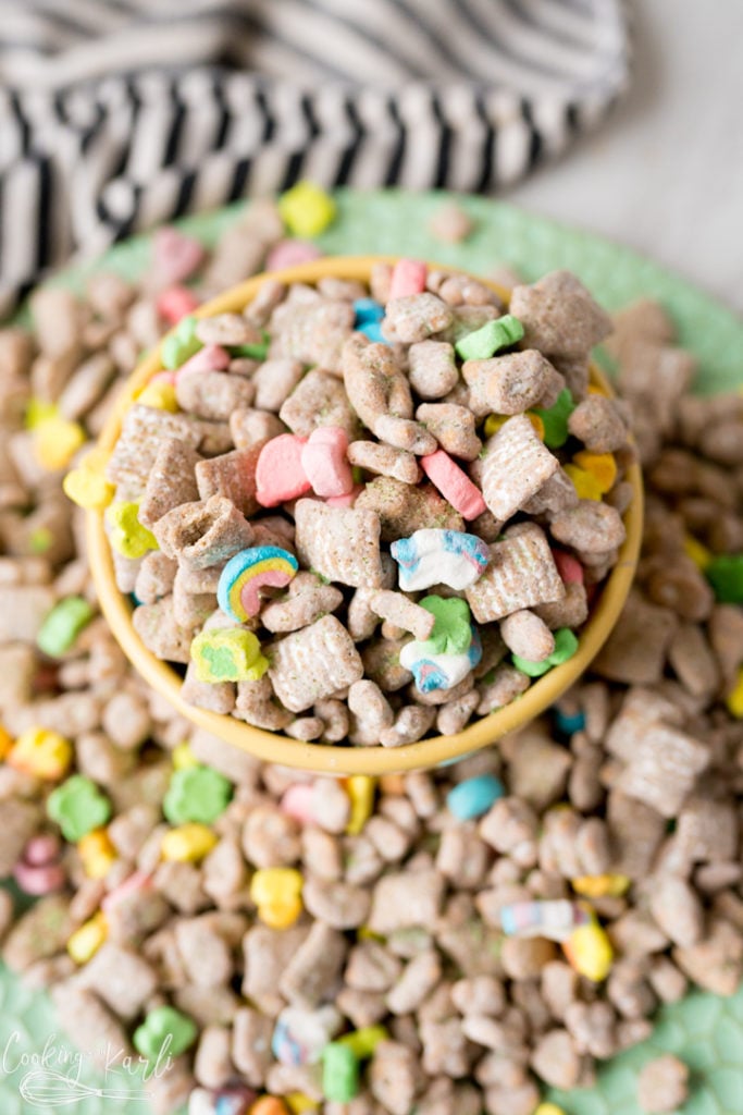Muddy Buddies with Lucky Charms, finished and served.