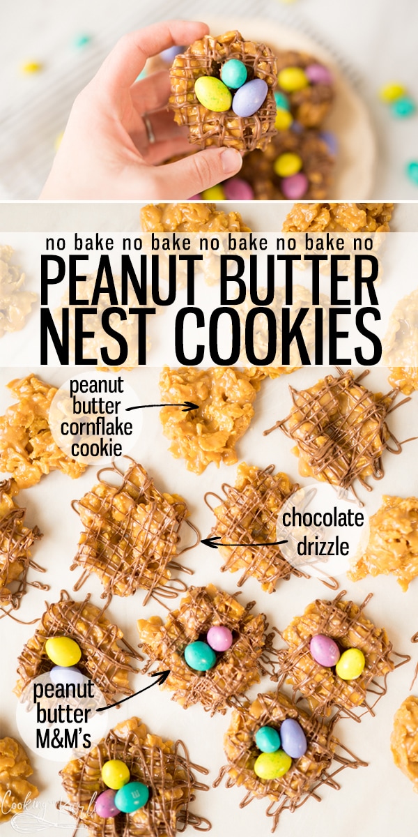 Peanut Butter Bird's Nest Cookies are a fun twist on a classic! These no bake peanut butter cornflake cookies get a fun easter twist thanks to cute little Egg shaped M&M's. |Cooking with Karli| #easter #eastercookies #easterdessert #nobake #nestcookies #minieggs 