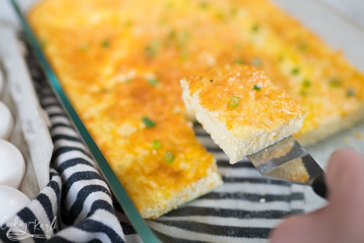 breakfast egg casserole, baked and served