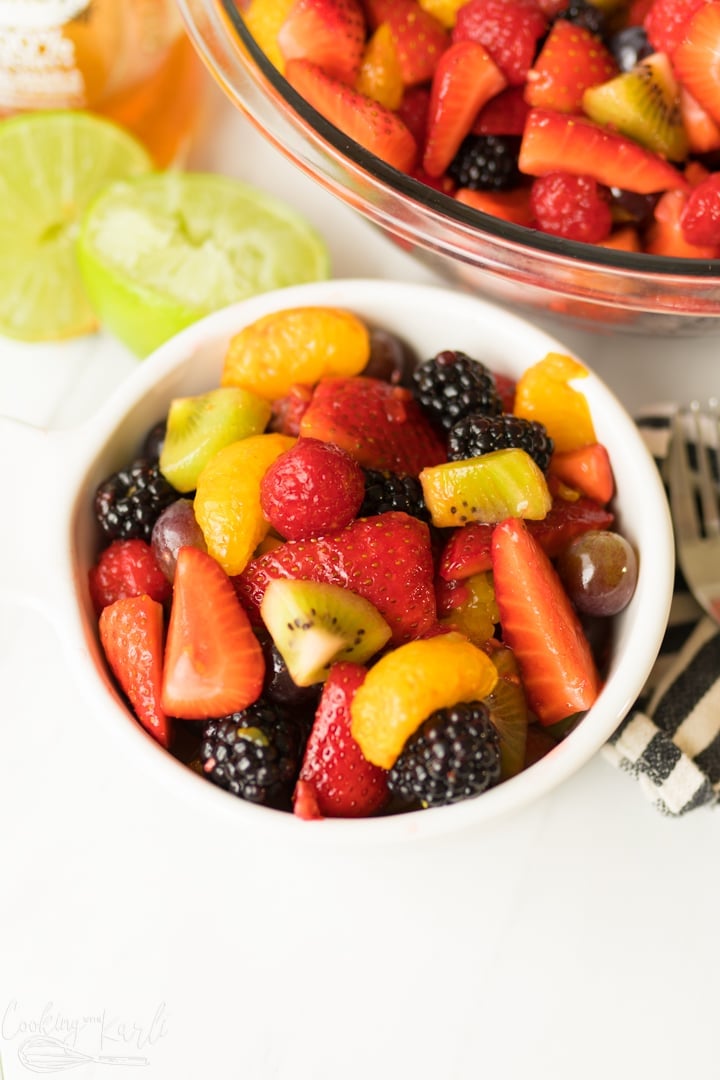 Rainbow fruit salad with a honey lime dressing.