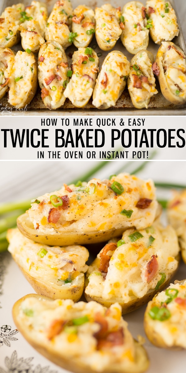 Twice Baked Potatoes are now super fast and easy thanks to my trusty friend the Instant Pot, or electric pressure cooker! The potatoes are perfectly cooked every time in the Instant Pot. The insides are soft and fluffy, perfect for the twice baked potato filling! Make these plain and simple or load them up! |Cooking with Karli| #sidedish #twicebaked #potatoes #loaded #classic #instantpot #side 