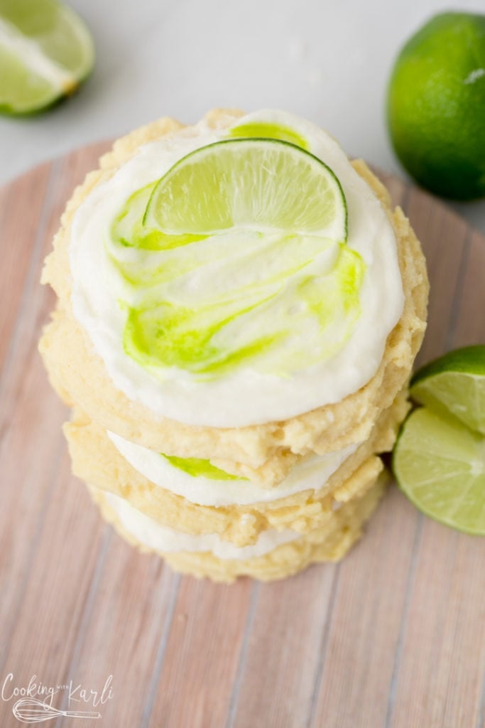 coconut lime cookies baked and stacked for photo