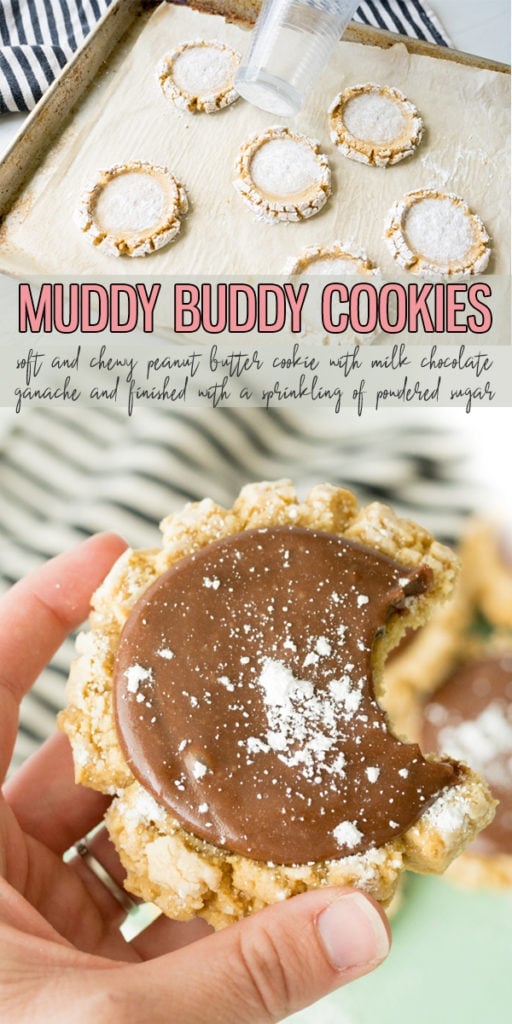 Muddy Buddy Cookies are a mega soft Peanut Butter Cookie with Milk Chocolate Ganache, sprinkled with powdered sugar. This is a top notch cookie that it completely beginner friendly! Give them a try today! |Cooking with Karli| #cookies #recipe #peanutbutter #chocolateganache #muddybuddies #recipe 