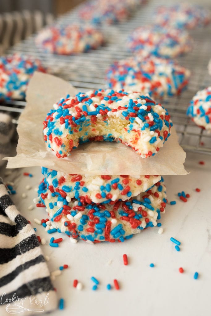 sprinkle cookies with red white and blue sprinkles.