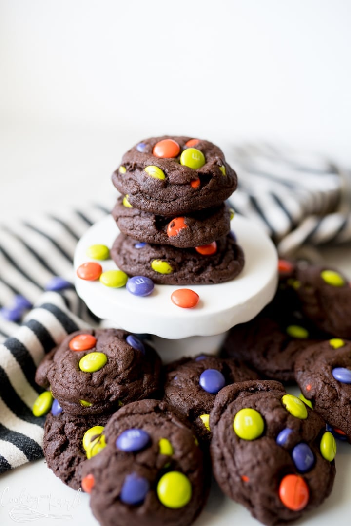 chocolate cookies with m&m's for halloween.