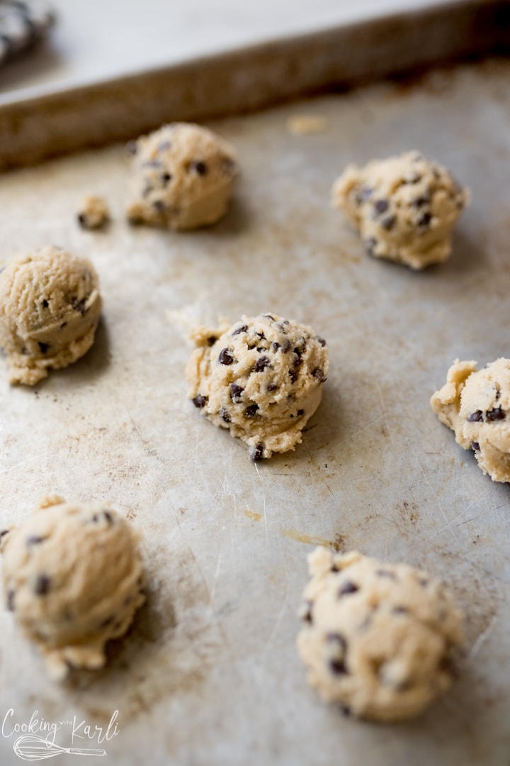 chocolate chip cookie dough scooped for spider cookies
