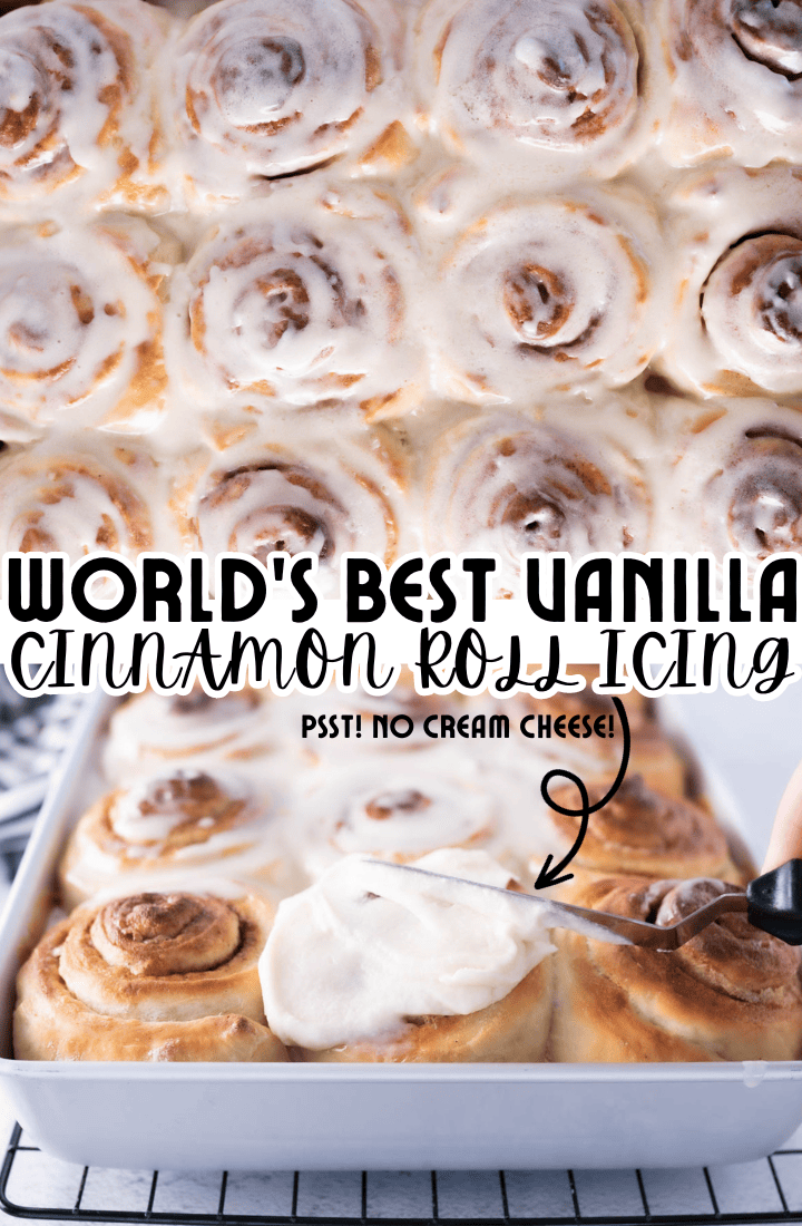 pin image for cinnamon roll icing, with text overlay. 