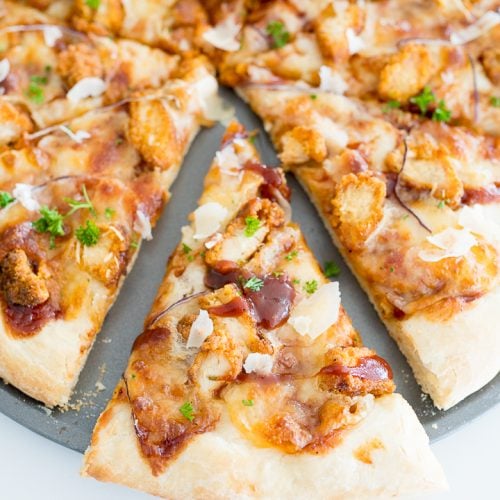 bbq chicken pizza sliced and served