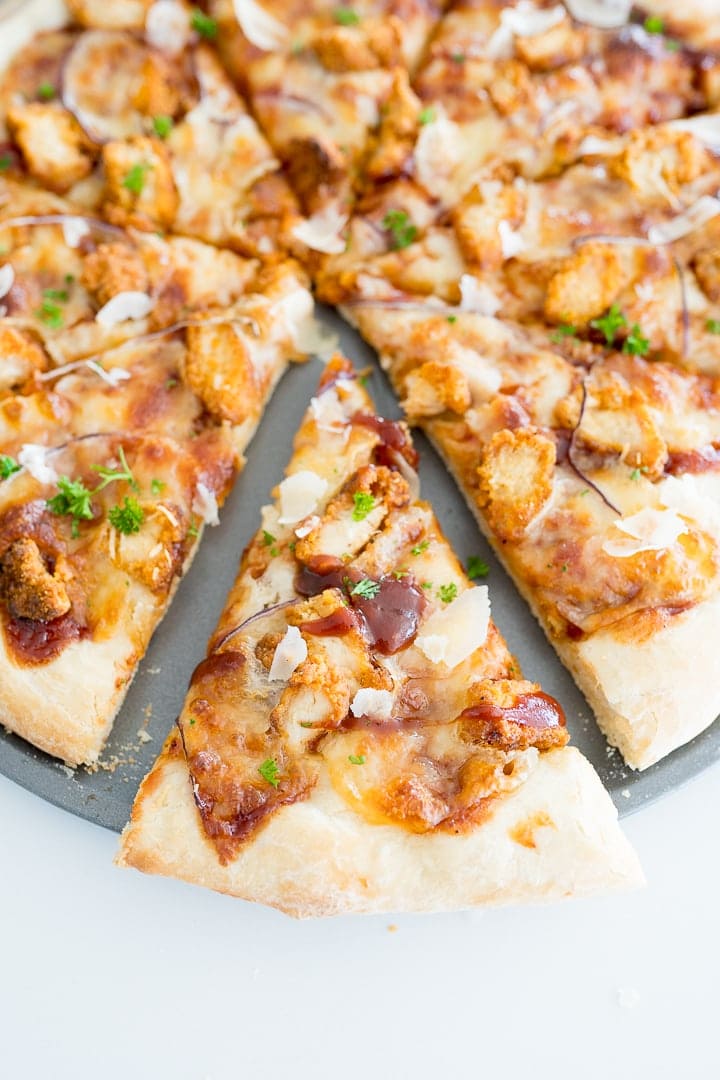 bbq chicken pizza sliced and served