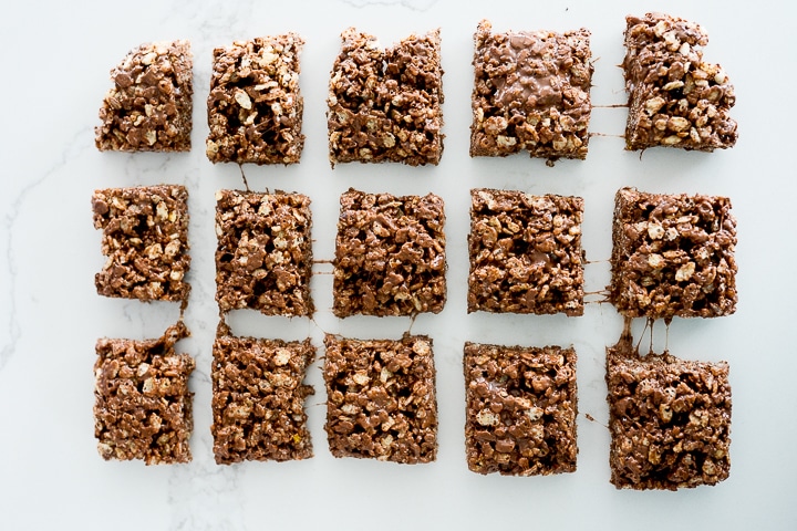 chocolate Rice Krispie treats, cut and served