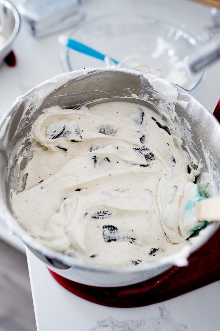 oreo cookies folded into cheesecake batter