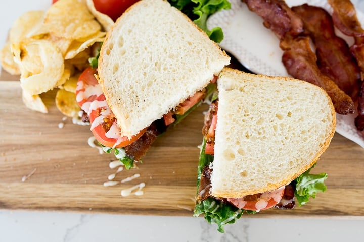 blt sandwich, cut in half