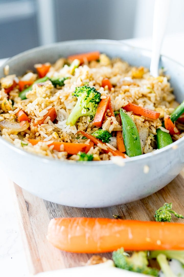 veggies in fried rice in a bowl
