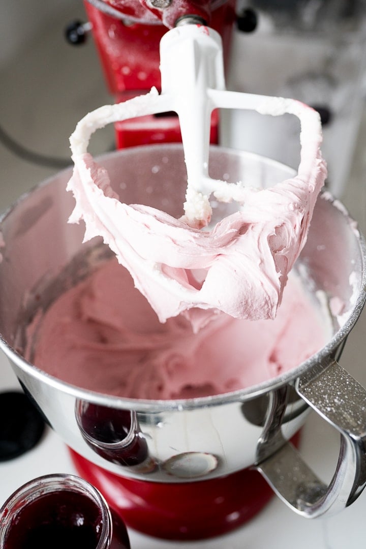 raspberry frosting in the mixer